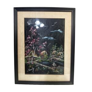 Vintage Souvenir Oil Painting Signed By Artist Tropical Island Tiki Huts